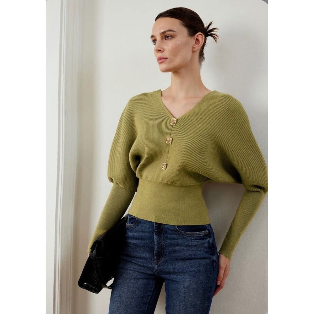 COMMENSE Army Green Cinched Puff Sleeve Knit Sweater Size S